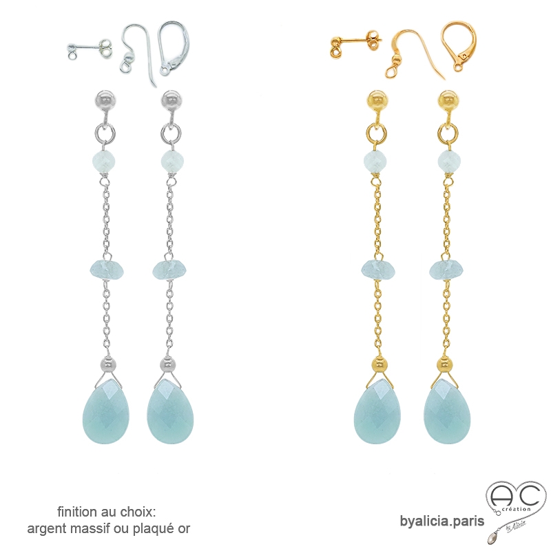 pierre aigue-marine boucles d'oreilles bleues claires femme en plaqué or ou argent fabriqué à la main en France pierre aigue-marine boucles d'oreilles bleues claires femme en plaqué or ou argent fabriqué à la main en France