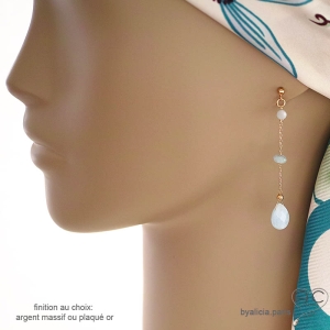 Boucles d'oreilles créateur femme aigue-marine fines longues pendantes fait à la main sur mesure création by Alicia