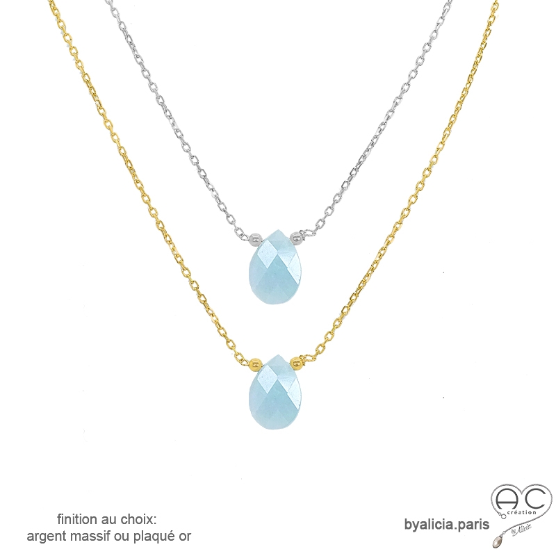 Collier aigue-marine goutte sur une chaîne en plaqué or ou en argent massif, création by Alicia Collier aigue-marine goutte sur une chaîne en plaqué or ou en argent massif, création by Alicia