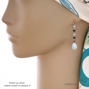 boucles d'oreilles longues femme plaqué or ou argent avec pierres bleues aigue-marine et sodalite