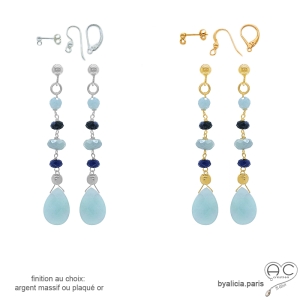 Boucles d'oreilles bleues longues en aigue-marine et sodalite, plaqué or ou argent, fait main, création by Alicia