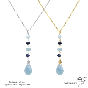 Collier cravate bleu clair aigue-marine et sodalite, plaqué or ou argent, fait main, création by Alicia