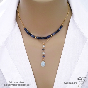 bijoux créateur collier cravate en pierres semi-précieuses bleues aigue-marine et sodalite
