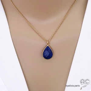 Collier pendentif lapis lazuli goutte, pierre naturelle et plaqué or, ras de cou bleu femme