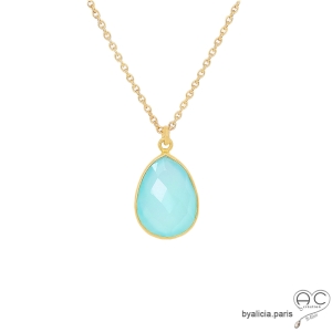Collier pendentif goutte calcédoine aqua, plaquè or, pierre semi-précieuse, fait main, création by Alicia
