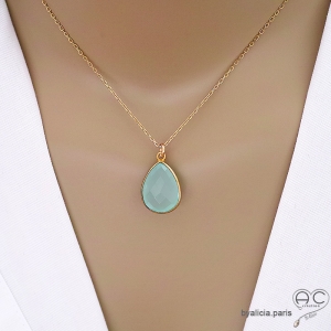 ras de cou pendentif goutte vert claire pierre naturelle calcédoine aqua, plaquè or