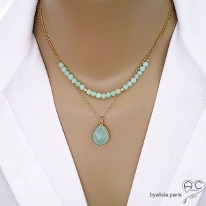collier ras du cou pendentif femme en pierre semi-précieuse calcédoine aqua