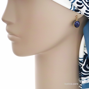 Boucles d'oreilles bleues femme en pierre sillimanite saphir et plaque or, pendantes