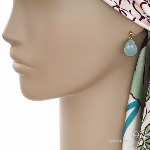 Boucles d'oreilles pierres semi-précieuses calcédoine aqua et plaque or