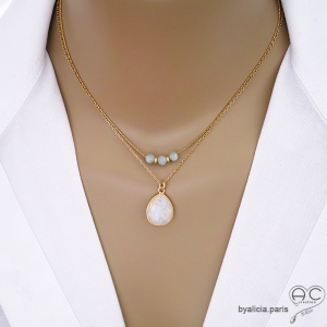 pendentif blanc femme en pierre de lune et plaqué or réalisé à la main en France