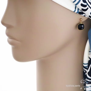 Boucles d'oreilles noir femme en pierre naturelle onyx noire et plaqué or