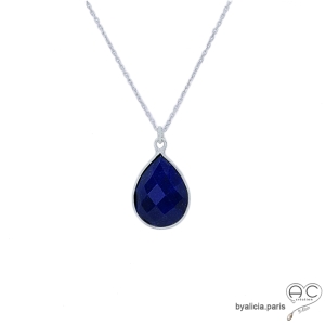 Collier pendentif lapis lazuli goutte, pierre naturelle et argent 925, ras de cou, création