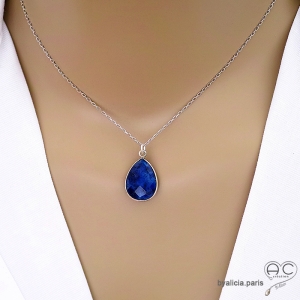 ras de cou bleu femme avec pendentif en lapis lazuli goutte, pierre naturelle et argent