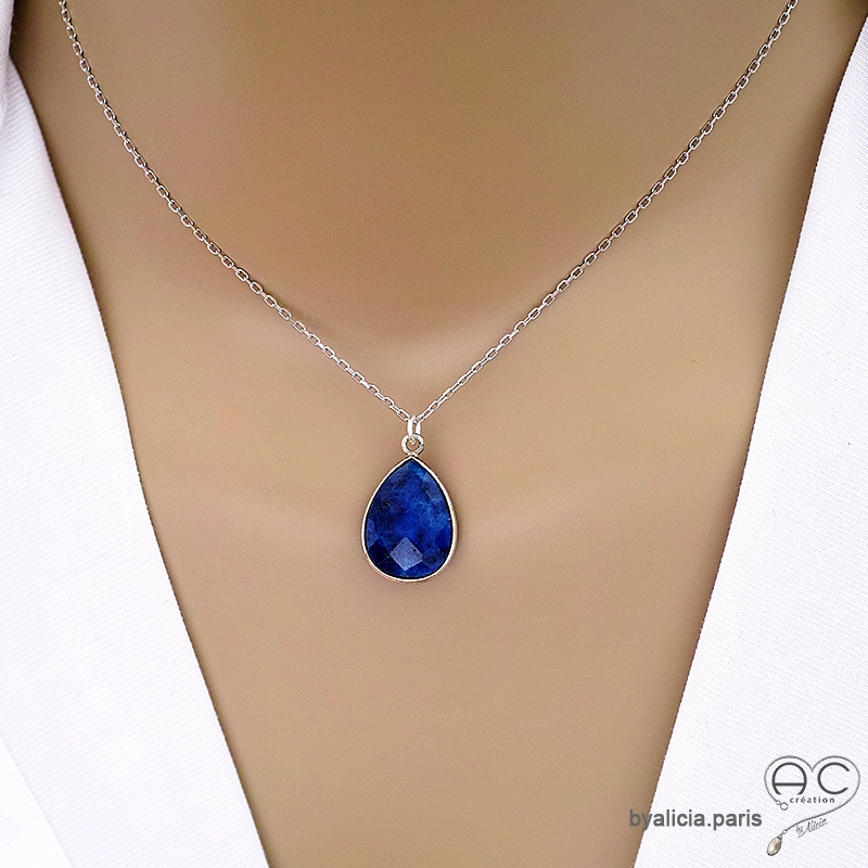 ras de cou bleu femme avec pendentif en lapis lazuli goutte, pierre naturelle et argent ras de cou bleu femme avec pendentif en lapis lazuli goutte, pierre naturelle et argent