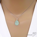 Collier pendentif calcédoine aqua goutte, argent 925, pierre semi-précieuse, ras de cou, création by Alicia