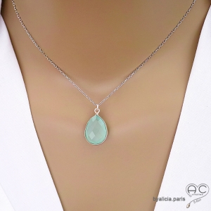 ras de cou avec pendentif vert clair en pierre naturelle calcédoine aqua et argent