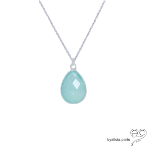 Collier pendentif calcédoine aqua goutte, argent 925, pierre semi-précieuse, ras de cou, création by Alicia
