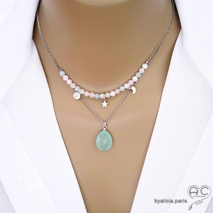bijou ras du cou argent avec pendentif goutte vert clair en calcédoine aqua