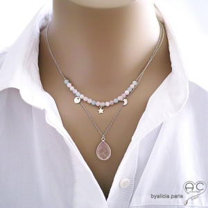 collier ras du cou pendentif rose femme en pierre semi-précieuse quartz rose et argent