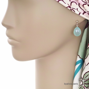 Boucles d'oreilles vert clair femme gouttes en pierre naturelle calcédoine aqua et argent