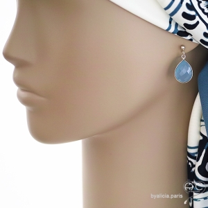 Boucles d'oreilles bleues femme gouttes en calcédoine bleue, pierre fine et argent massif 925, pendantes