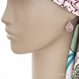 boucles d'oreilles rose femme gouttes en pierre semi-précieuse quartz rose et argent