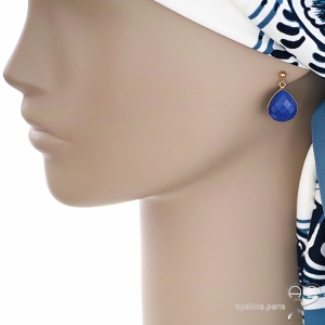 Boucles d'oreilles bleues femme en  lapis lazuli goutte et plaqué or