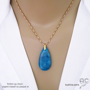 Pendentif apatite goutte, cabochon, plaqué or, pierre semi-précieuse bleu azure