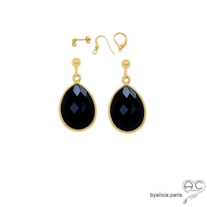 Boucles d'oreilles en onyx noire gouttes et plaqué or, pendantes en pierre semi-précieuse, création by Alicia