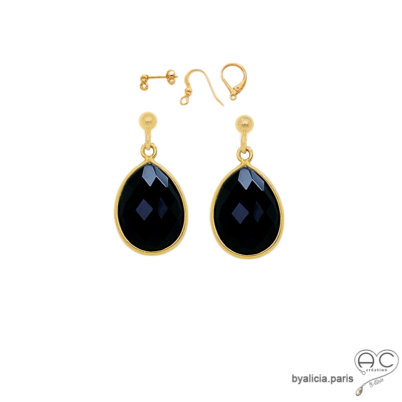 Boucles d'oreilles en onyx noire gouttes et plaqué or, pendantes en pierre semi-précieuse, création by Alicia Boucles d'oreilles en onyx noire gouttes et plaqué or, pendantes en pierre semi-précieuse, création by Alicia