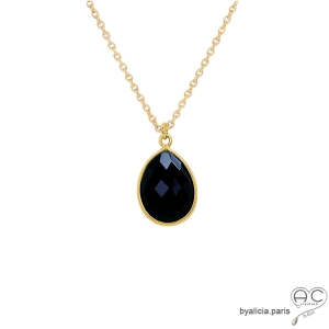 pendentif noir femme goutte en pierre naturelle onyx noire et plaqué or