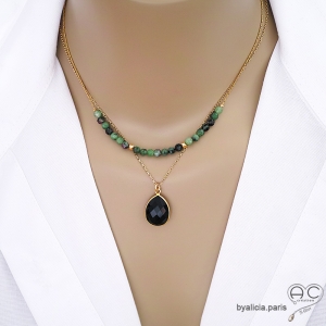 ras de cou plaqué or avec pendentif goutte en pierre agate noire sur une chaîne