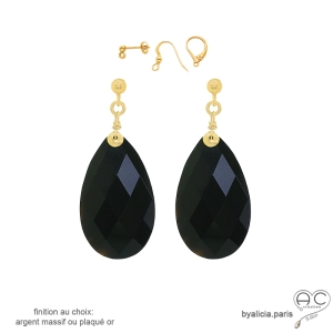 grandes boucles d'oreilles gouttes  pendantes en pierre naturelle onyx noire et plaqué or fait main sur mesure