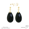 grandes boucles d'oreilles gouttes  pendantes en pierre naturelle onyx noire et plaqué or fait main sur mesure