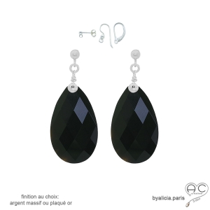 grandes boucles d'oreilles gouttes  pendantes en pierre naturelle onyx noire et argent fait main sur mesure