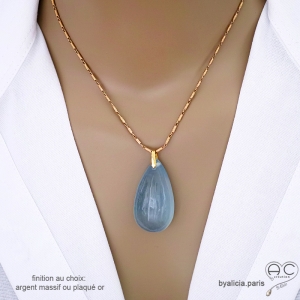 grand pendentif bleu en pierre semi-précieuse aigue-marine et plaqué or