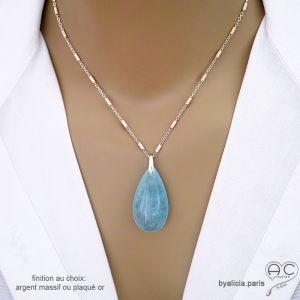 grand pendentif bleu en pierre semi-précieuse aigue-marine et argent