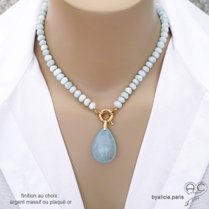 ras de cou et pendentif bleu ciel en pierre aigue-marine fabriqué à la main en France
