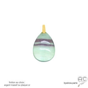 Pendentif fluorite goutte, plaqué or ou argent, pierre semi-précieuse