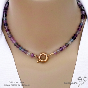 Collier en fluorite avec grand fermoir en plaqué or ou en argent, ras de cou femme, création by Alicia