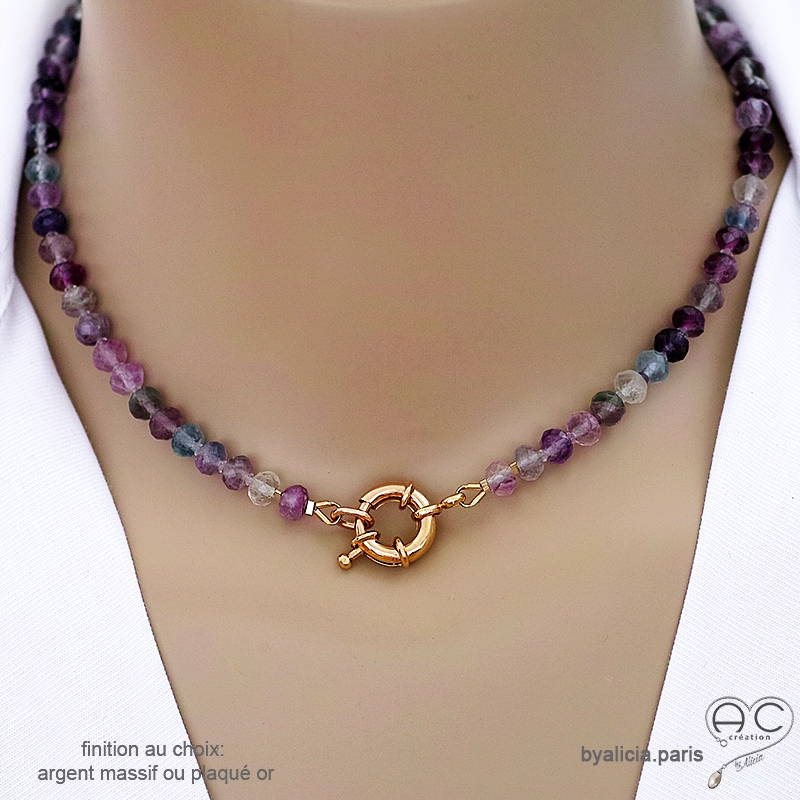 Collier en fluorite avec grand fermoir en plaqué or ou en argent, ras de cou femme, création by Alicia Collier en fluorite avec grand fermoir en plaqué or ou en argent, ras de cou femme, création by Alicia