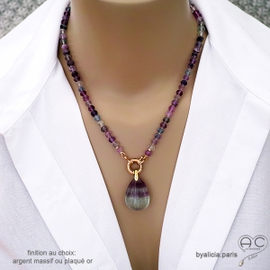 collier en pierre semi-précieuse fluorine avec grand fermoir bouée plaqué or ou argent fait sur mesure en France