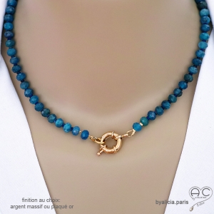 Collier bleu en apatite avec grand fermoir en plaqué or ou en argent, ras de cou femme, création by Alicia