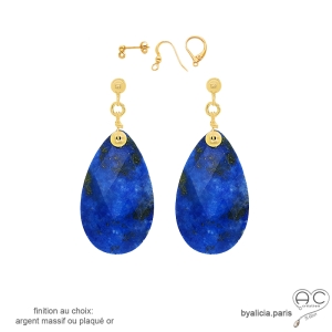 grandes boucles d'oreilles gouttes bleues pendantes en pierre naturelle lapis-lazuli et plaqué or fait main sur mesure