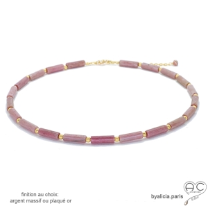 ras de cou rose femme en pierre rhodonite et argent ou plaqué or fait main sur mesure