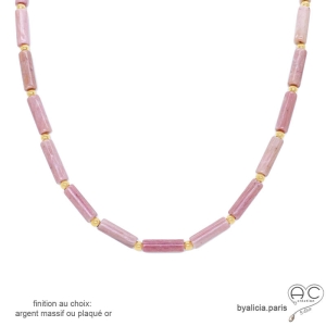 collier rose femme en pierre semi-précieuse rhodonite et plaqué or ou argent fait main