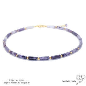 ras de cou violet femme en lépidolite tube, pierre semi-précieuse violette, fait main