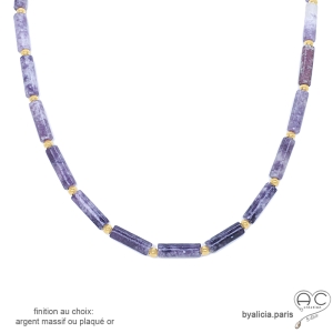 collier en lépidolite tube, plaqué or ou argent massif, ras de cou violet en pierre semi-précieuse