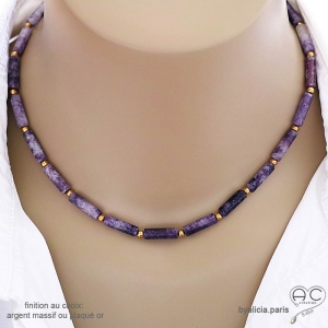 Collierviolet femme en lépidolite tube, pierre semi-précieuse violette, fait main, création by Alicia