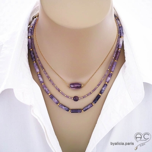 bijoux créateur collier ras du cou choker violet pour femme en pierre naturelle fait sur mesure